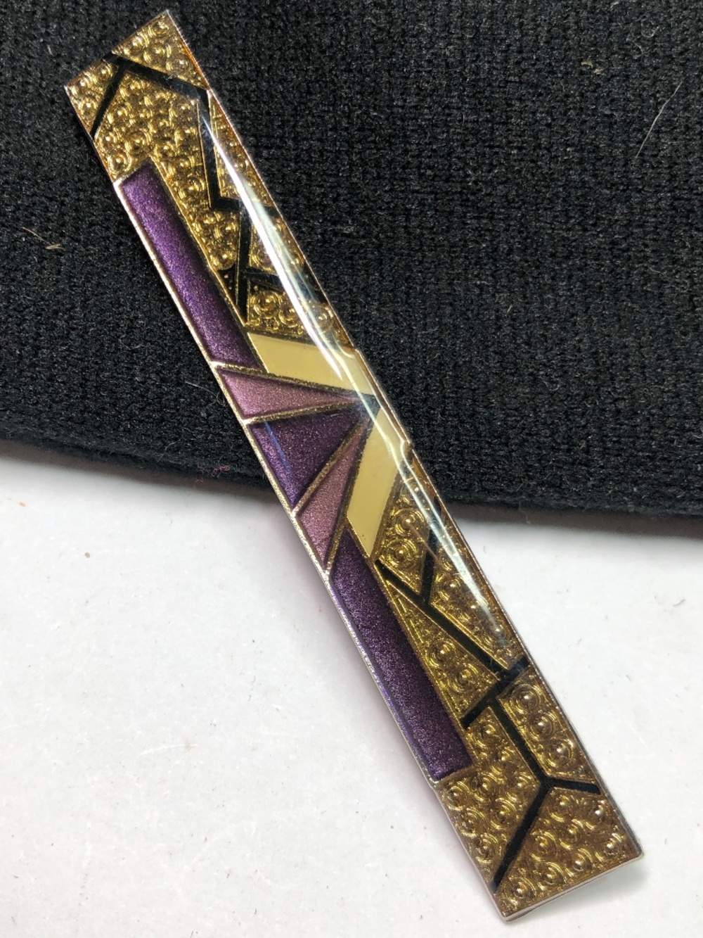 Deco style bar brooch purple golden enamel vintage